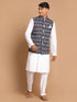 Vastramay Men's Black Ikkat Printed Cotton Nehru Jacket With White Kurta And Pyjama Set